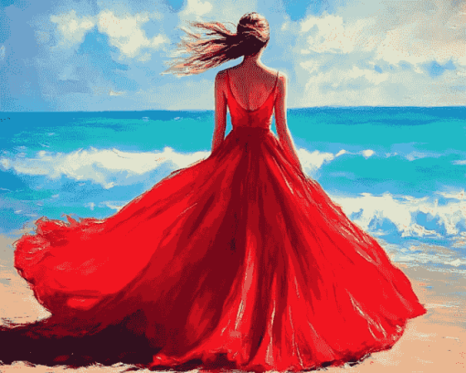 Red Dress Beach Woman Diamond Painting