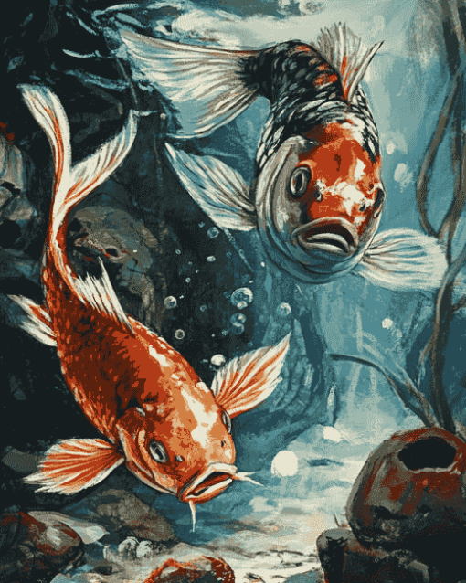 Red Drums and Koi Carps Diamond Painting