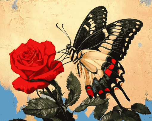 Red Rose with Butterfly Diamond Painting