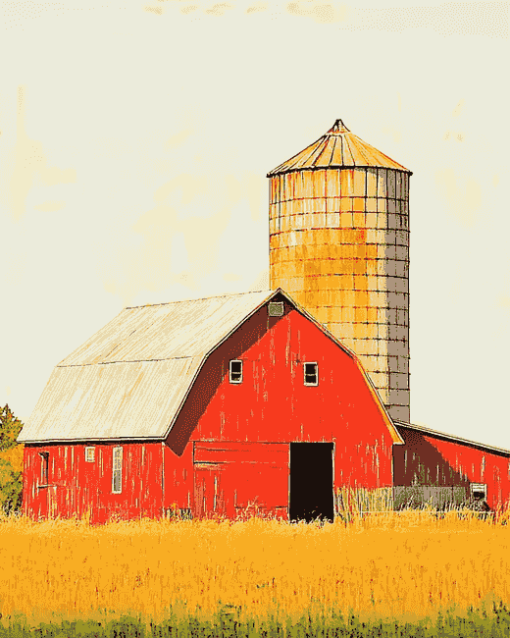 Red Rustic Barn Landscape Diamond Painting