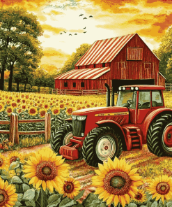 Red Tractor Sunflowers Diamond Painting