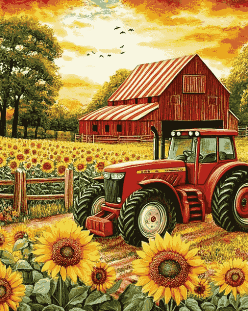 Red Tractor Sunflowers Diamond Painting