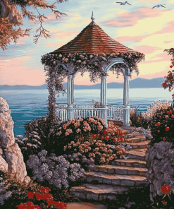 Seaside Gazebo and Blooming Flowers Diamond Painting