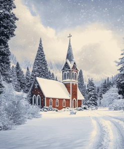 Snowy Church Landscape Diamond Painting