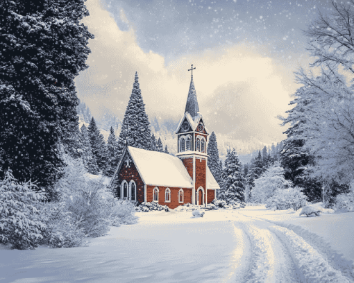 Snowy Church Landscape Diamond Painting