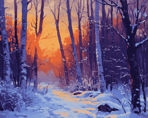 Snowy Forest Sunset Diamond Painting