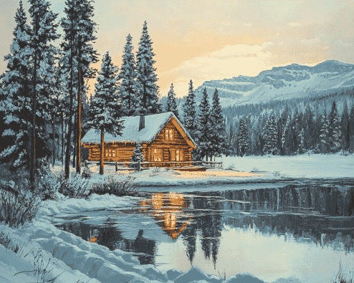 Snowy Winter Cabin Diamond Painting