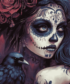 Sugar Skull Girl and Crow Diamond Painting