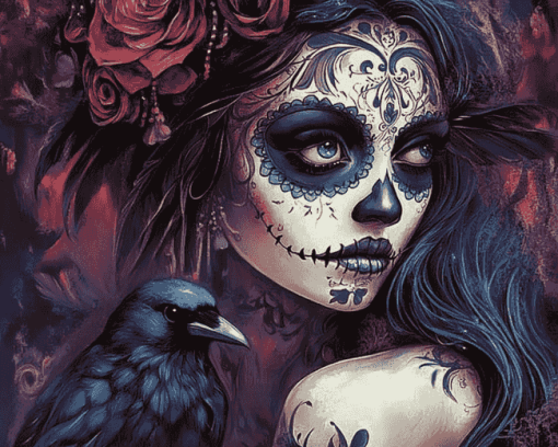 Sugar Skull Girl and Crow Diamond Painting