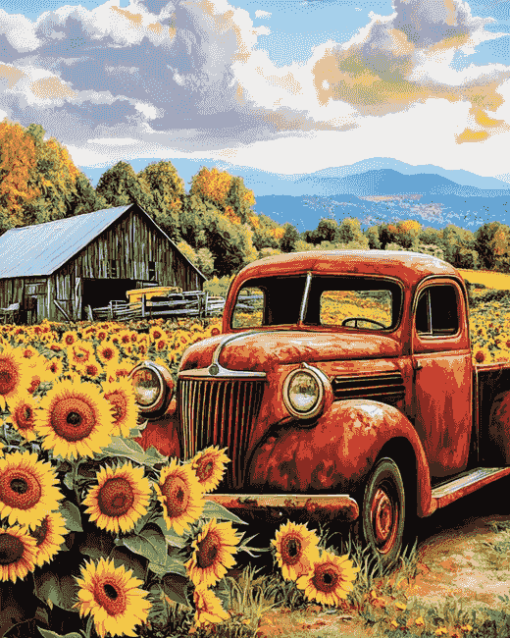 Sunflower Farm Truck Diamond Painting