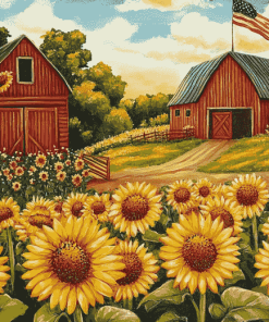 Sunflower and Barn Landscape Diamond Painting