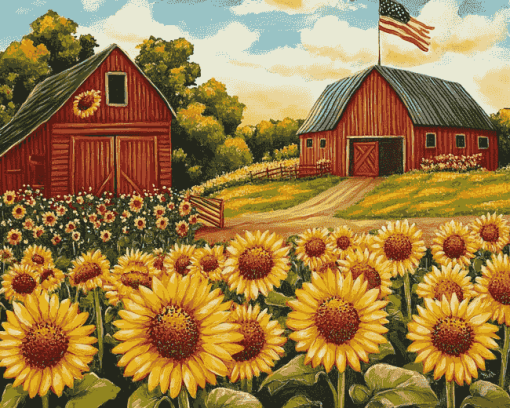 Sunflower and Barn Landscape Diamond Painting