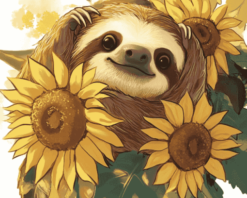 Sunflowers and Sloths Cartoon Diamond Painting