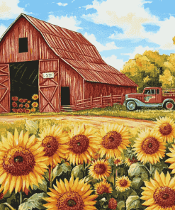 Sunflowers with Rustic Barn Diamond Painting