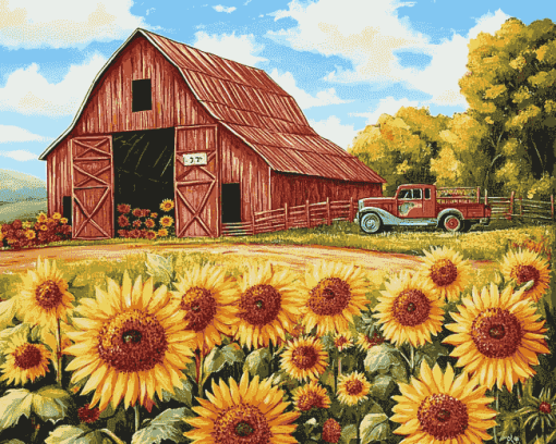 Sunflowers with Rustic Barn Diamond Painting