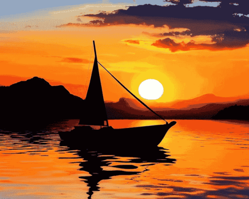 Sunset Boat Silhouette Diamond Painting