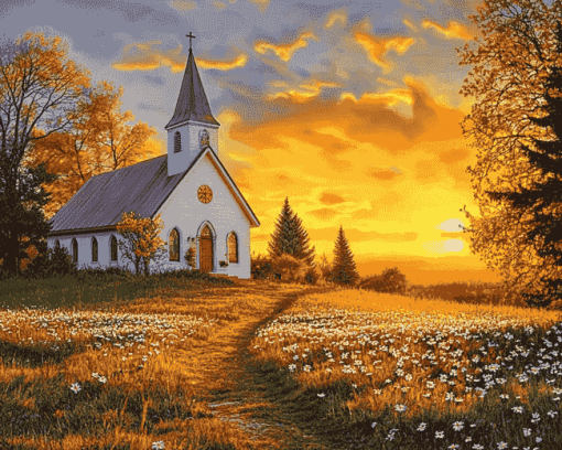 Sunset Country Church Diamond Painting