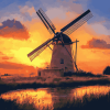 Sunset Dutch Windmill Landscape Diamond Painting