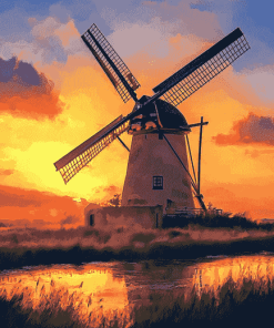 Sunset Dutch Windmill Landscape Diamond Painting