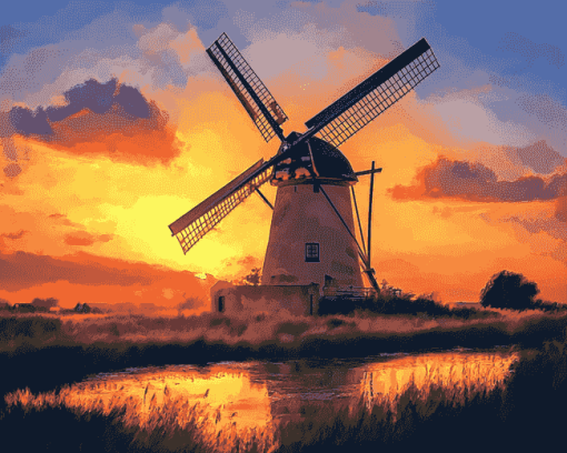 Sunset Dutch Windmill Landscape Diamond Painting