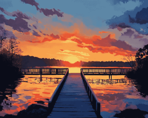 Sunset Over Bridge Lake Diamond Painting