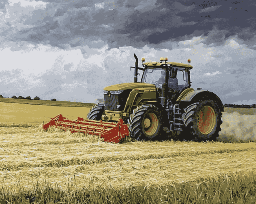 Tractors in Lush Hay Fields Diamond Painting