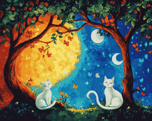 Tree Cats Night Diamond Painting