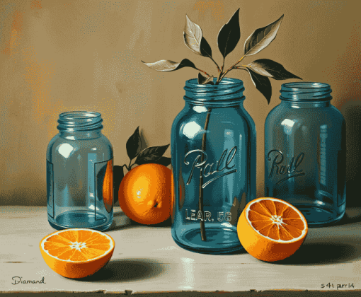 Vintage Blue Mason Jar and Oranges Diamond Painting