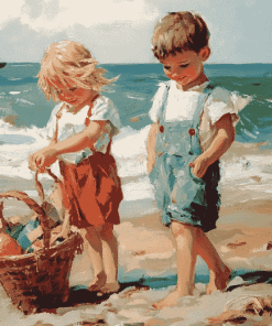 Vintage Children by the Seaside Diamond Painting