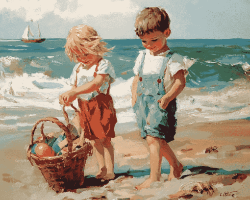 Vintage Children by the Seaside Diamond Painting