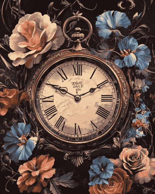 Vintage Clock and Flowers Diamond Painting