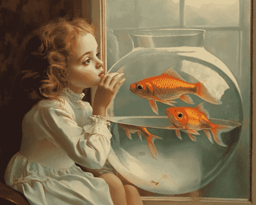 Vintage Goldfish with Little Girl Diamond Painting