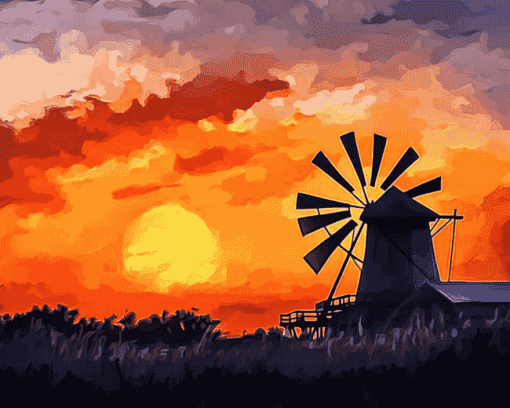 Western Windmill Sunset Diamond Painting