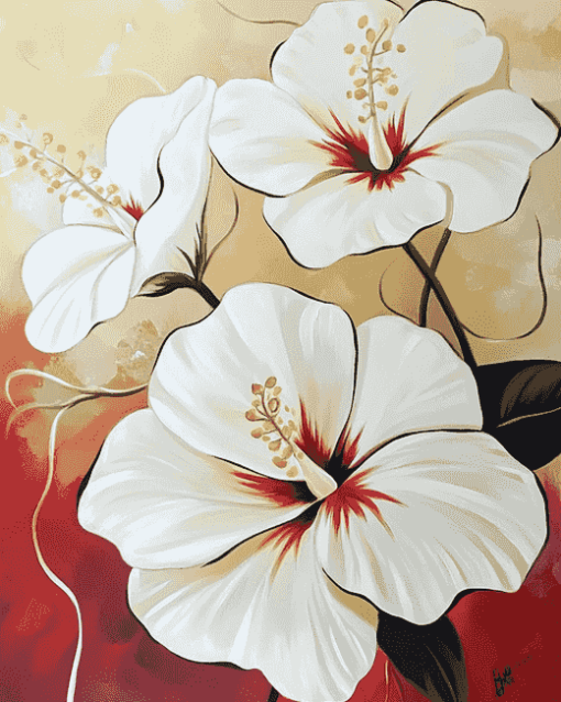 White Hibiscus Blossoms Diamond Painting