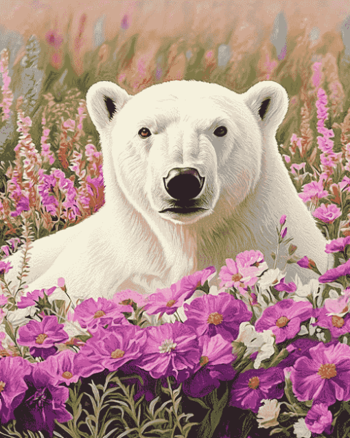 White Polar Bear Flowers Diamond Painting