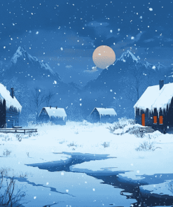 Winter Homes in Frozen Forest Diamond Painting