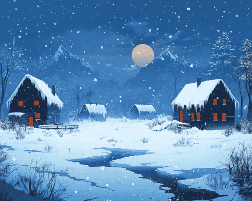 Winter Homes in Frozen Forest Diamond Painting