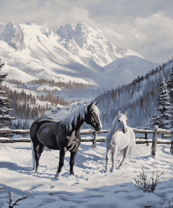 Winter Horses Mountain Scene Diamond Painting