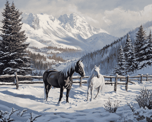 Winter Horses Mountain Scene Diamond Painting