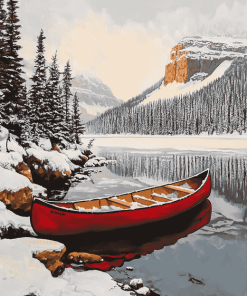 Winter Red Canoe in Canadian Landscapes Diamond Painting