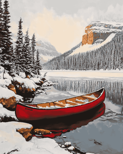 Winter Red Canoe in Canadian Landscapes Diamond Painting