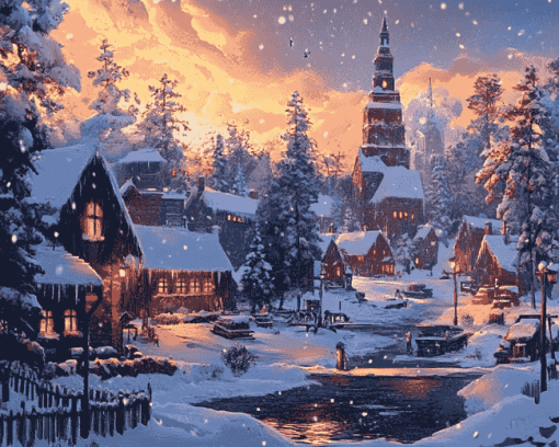 Winter Snowy Village Diamond Painting