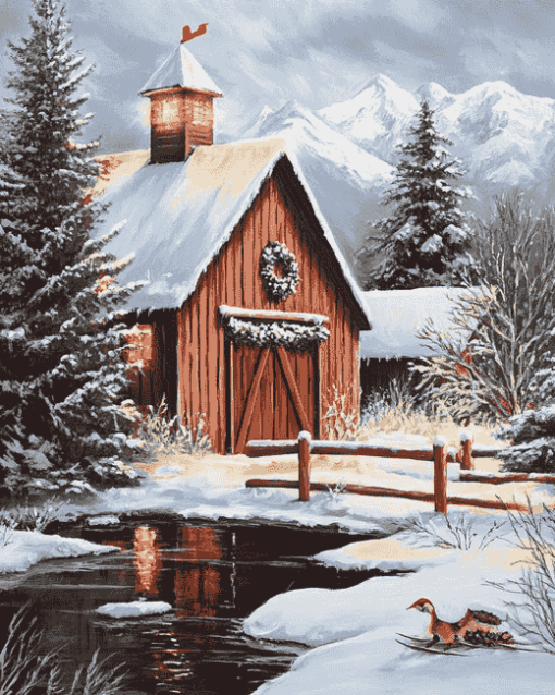 Winter's Call: Snowy Farm Landscapes Diamond Painting