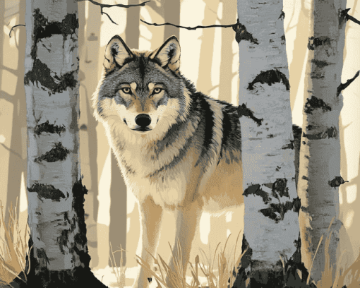 Wolf Among Birches Diamond Painting