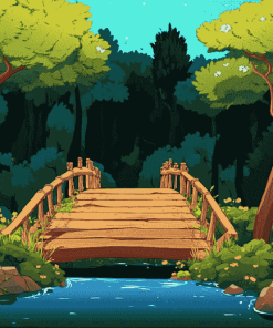 Wooden Bridge in a Cartoon Forest Diamond Painting