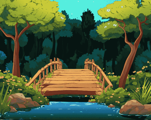 Wooden Bridge in a Cartoon Forest Diamond Painting