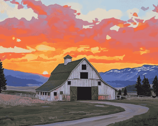 Yellowstone Barn Sunset Diamond Painting