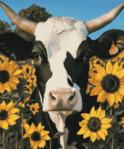 Aesthetic Cow with Sunflowers Diamond Painting