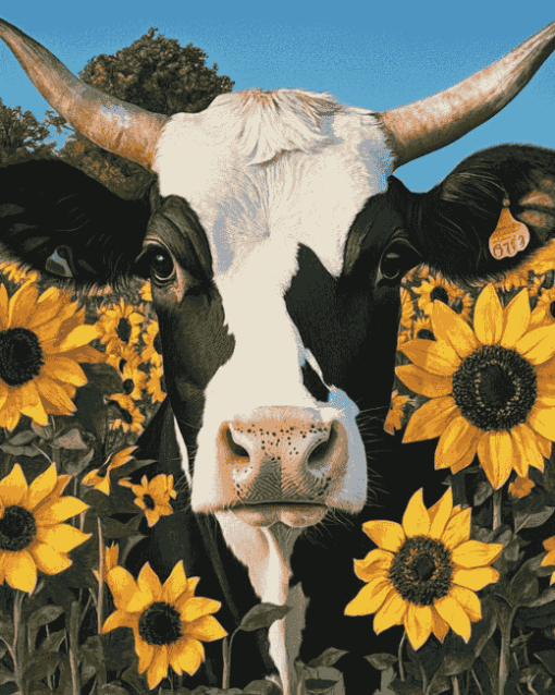 Aesthetic Cow with Sunflowers Diamond Painting