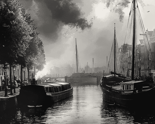 Amsterdam Black And White Barges Diamond Painting